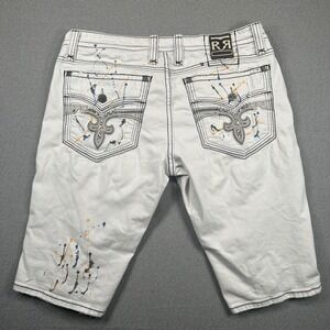 Rock Revival Rodd Denim Shorts Mens 42 White Distressed Paint Splatter Designer